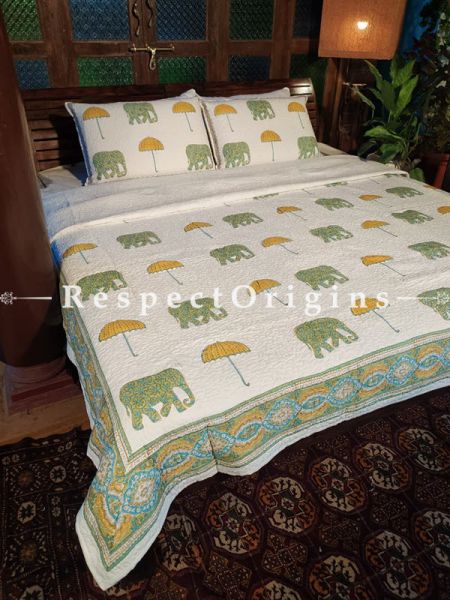 Quilted Block Printed High Quality Double Bedspread in White, Green & Yellow with 2 Shams; Bedspreaed 110 x 90 Inches , Pillow Shams 29 x 19 Inches; u602075863_New_db.com