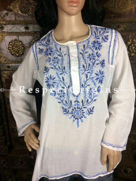 Chic Ladies Long Kurti White Cotton with Blue Lucknowi Chikankari Embroidery with ethnic Motifs; Size 40; u602075863_New_db.com