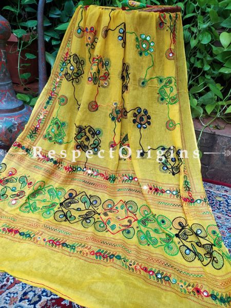 Pretty Yellow Hand Embroidered Cotton Mirrorwork Stole; 87 X 44 Inches; u602075863_New_db.com