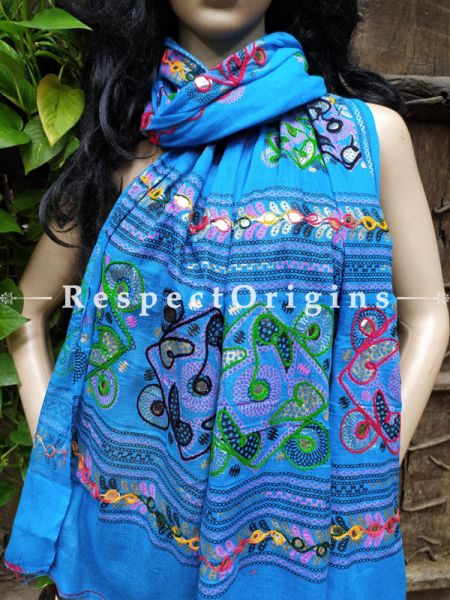 Amazing Hand Embroidered Cotton Mirrorwork Stole in Royal Blue; 87 X 44 Inches; u602075863_New_db.com