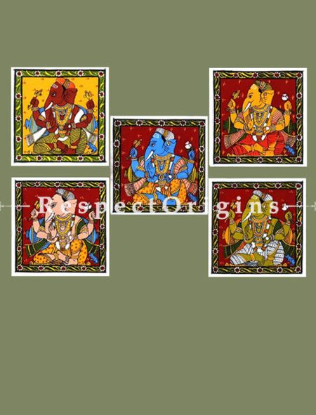 Ganesha Series; Spectacular Rare Set of 5 Painted Scrolls of Cheriyal of Ganesha Folk Art Painting On Canvas; 8x8 in; Square; Traditional Painting