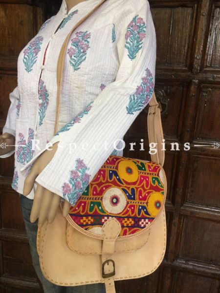 Beige Hand Stitched Cross Ladies Leather Sling Bag; Blue, Green, White and Yellow On Red Base Kutchi Mirror Embroidery Flap; u602075863_New_db.com