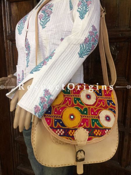 Beige Hand Stitched Cross Ladies Leather Sling Bag; Green, Blue, White and Yellow On Red Base Kutchi Mirror Embroidery Flap; u602075863_New_db.com