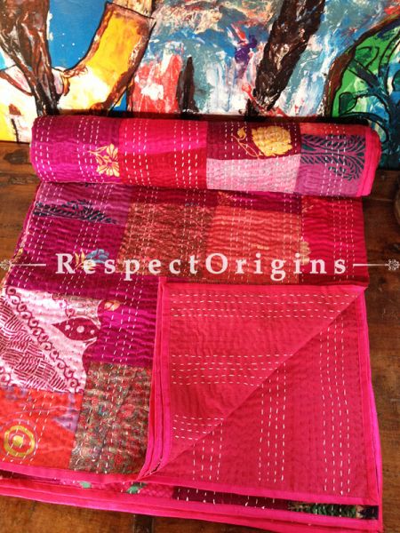 Fuschia Pink n Red Color Pop Kantha-stitch Pure Cotton Dohar Spread Block Prints; Length 110 x Width 90 Inches; u602075863_New_db.com