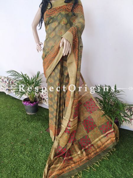 Green and Light Brown Linen Ghicha Silk Hand Block Printed Floral Saree with Running Blouse ; u602075863_New_db.com