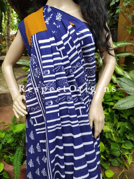 Buy Blue and orange Hand-block-printed Cotton Mul Saree with Blouse;At u602075863_New_db