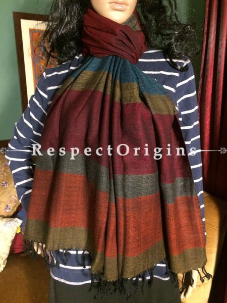 Buy Parallel Striped Hand woven Woolen Kullu Stoles From Himachal with Orange borders; Size 80 x 27 inches at u602075863_New_db.com