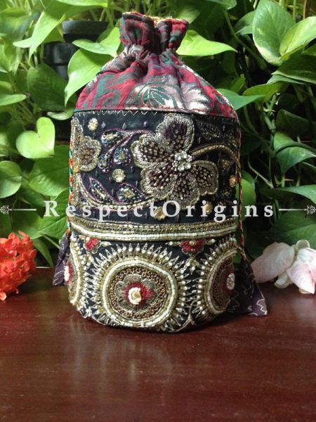 Vintage Benarasi Potli Drawstring Pouch Bags; length  10 X width 6 Inches at respect origins.com