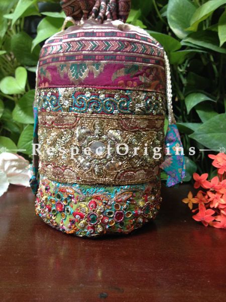 Vintage Benarasi Potli Drawstring Pouch Bags; length  10 X width 6 Inches at respect origins.com
