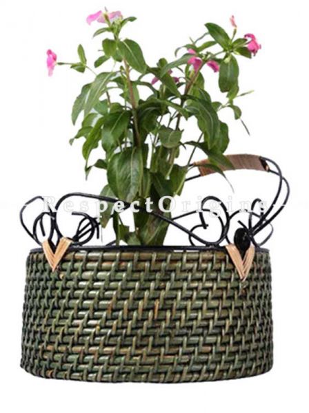 Buy Round Hanging Flat Base Planter With Wrought Iron Handlein 9 X 4 inches|u602075863_New_db