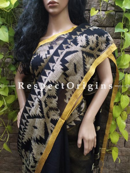 Handloom Linen Saree- Black with Yellow Border At u602075863_New_db.com