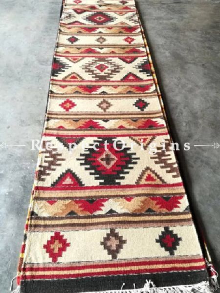 Buy Woolen Floor Runner with Cream base and Black Borders, Contrasting Colors and geometric design, Artisanal, One of a kind, handknotted, Tribal 12x2.5 Ft At u602075863_New_db.com