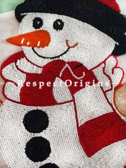 Snow Man Knitted Beadwork for Christmas; Cotton Runner Mat, 12x16 Inches