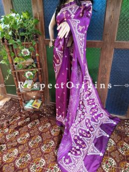 Purple Kantha Stitch Thread Work Silk Saree; Intricate Design With Mirror Work Pallu; Blouse Included; u602075863_New_db.com