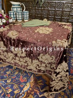 Rich Chocolate Velvet Embellished with Beige n Gold Beads; Rectangular Dining Table-cloth Gift; u602075863_New_db.com